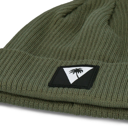 Hiraeth Records olive green beanie detail